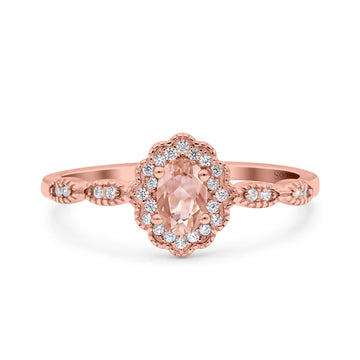 Halo Art Deco Oval Engagement Ring Rose Tone, Simulated Morganite CZ 925 Sterling Silver